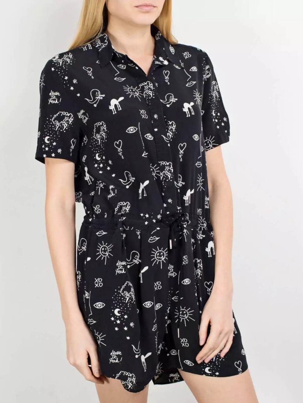 Sandro Paris Silk Short Sleeve Black Graphic Print Romper Size 2 - Picture 7 of 14